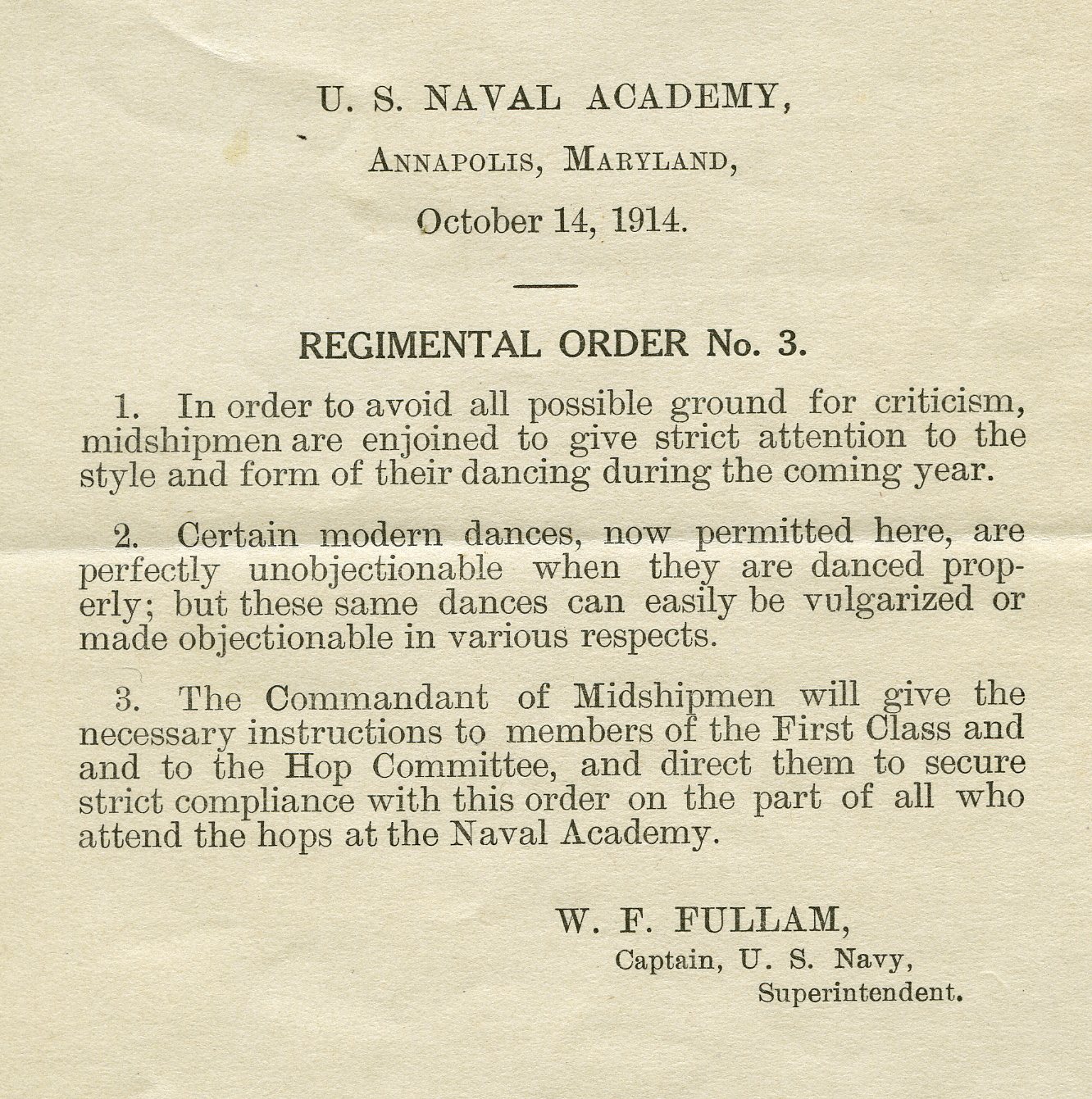 Dancing at USNA Part 2: 1914 Regimental order