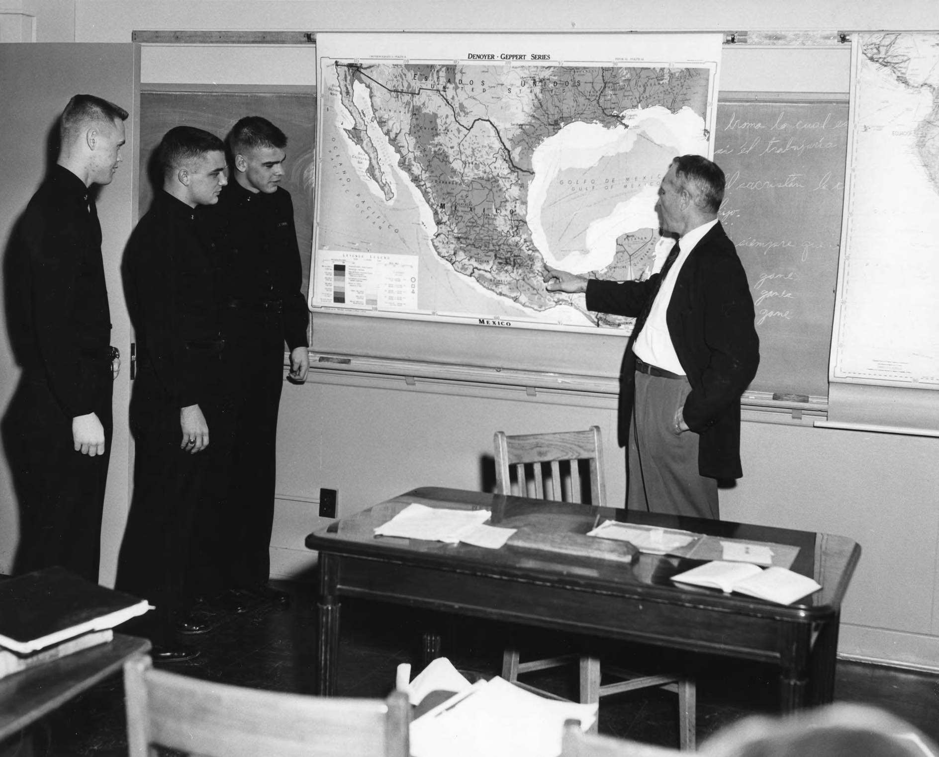 Professor Alden R. Hefler discussing the geography of Mexico during a Spanish Class in 1958