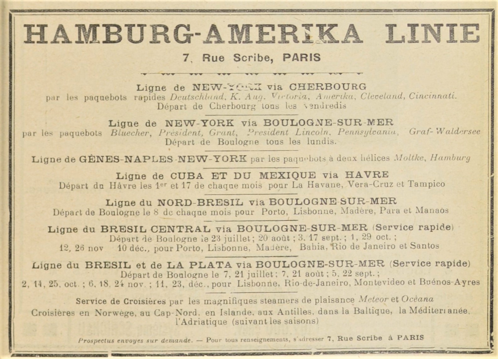 Maritime and River Life: Hamburg-Amerika line ad