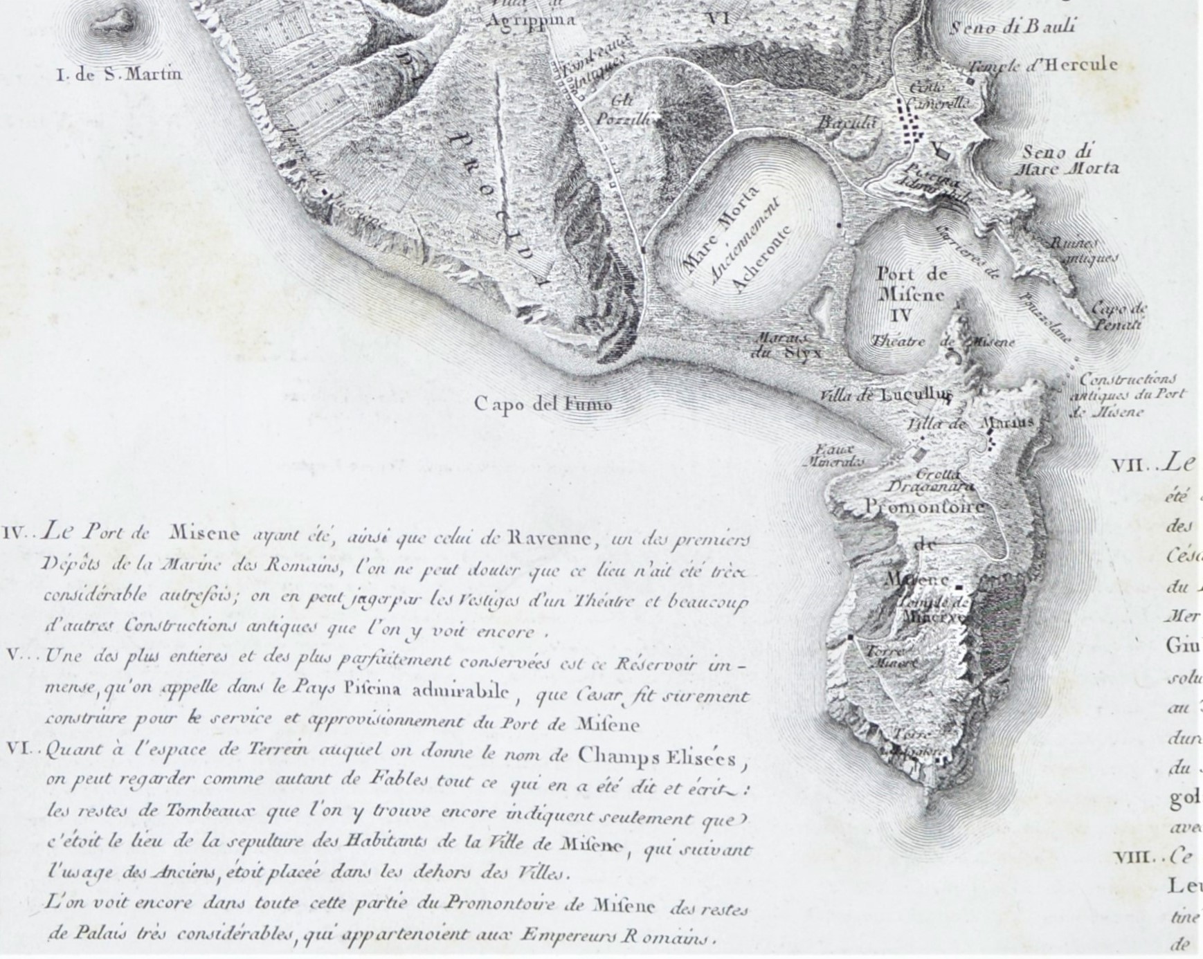 Detail of a map of the Gulf of Pozzuoli showing the harbor of Misenum (at Roman numeral IV) and the Mare Morto from Voyage Pittoresque.