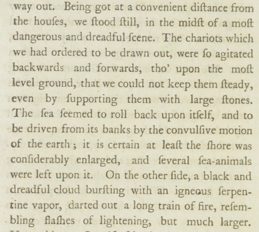 Excerpt from Pliny the Younger's letter to Tacitus in which he describes what was probably the first stage of a tsunami and then the pyroclastic flow from Mount Vesuvius. From The Letters of Pliny the Consul: with Occasional Remarks by William Melmoth, Esq. (London, 1777).