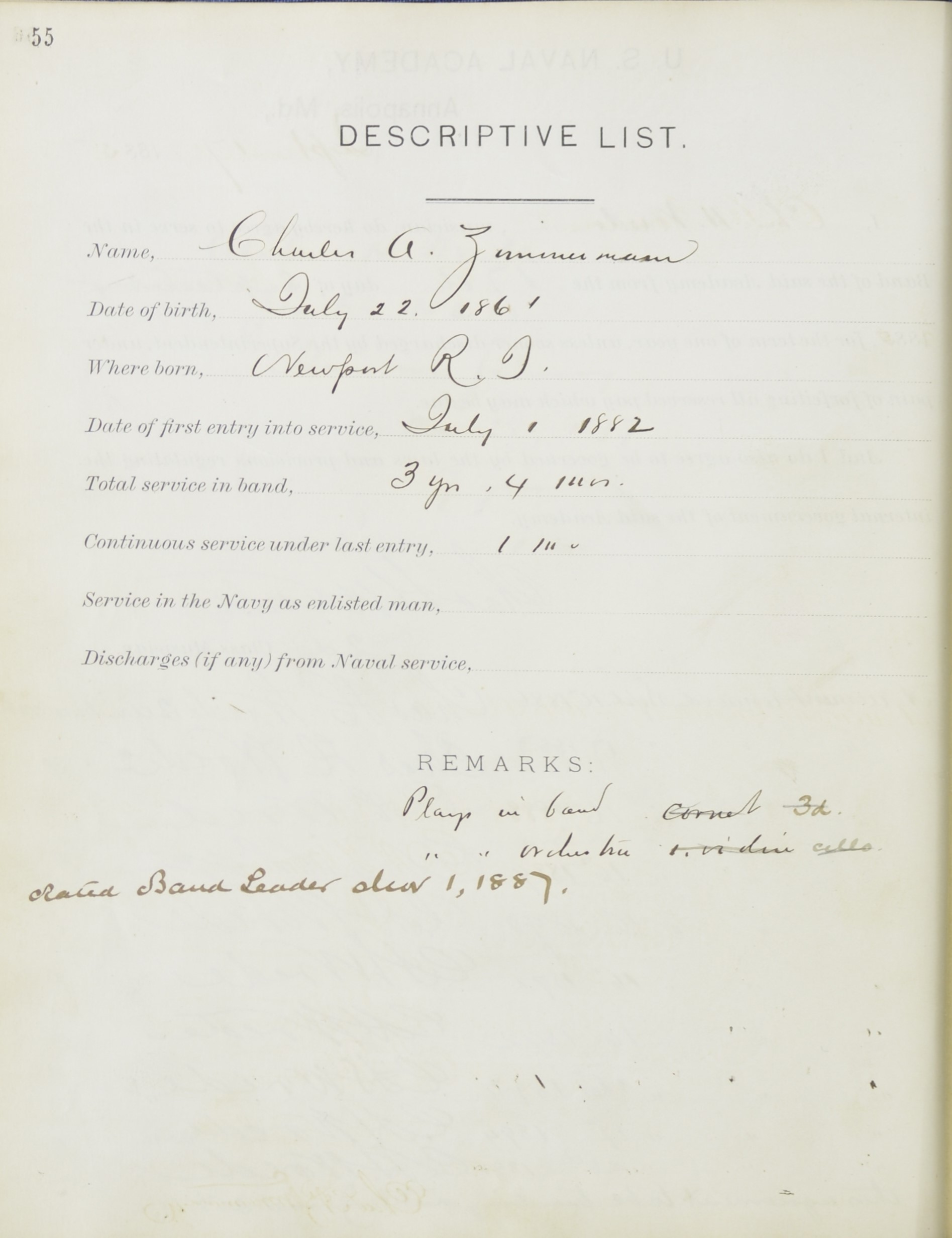 Charles Adams Zimmerman Record of Service Oath and Renewals 1886-1896