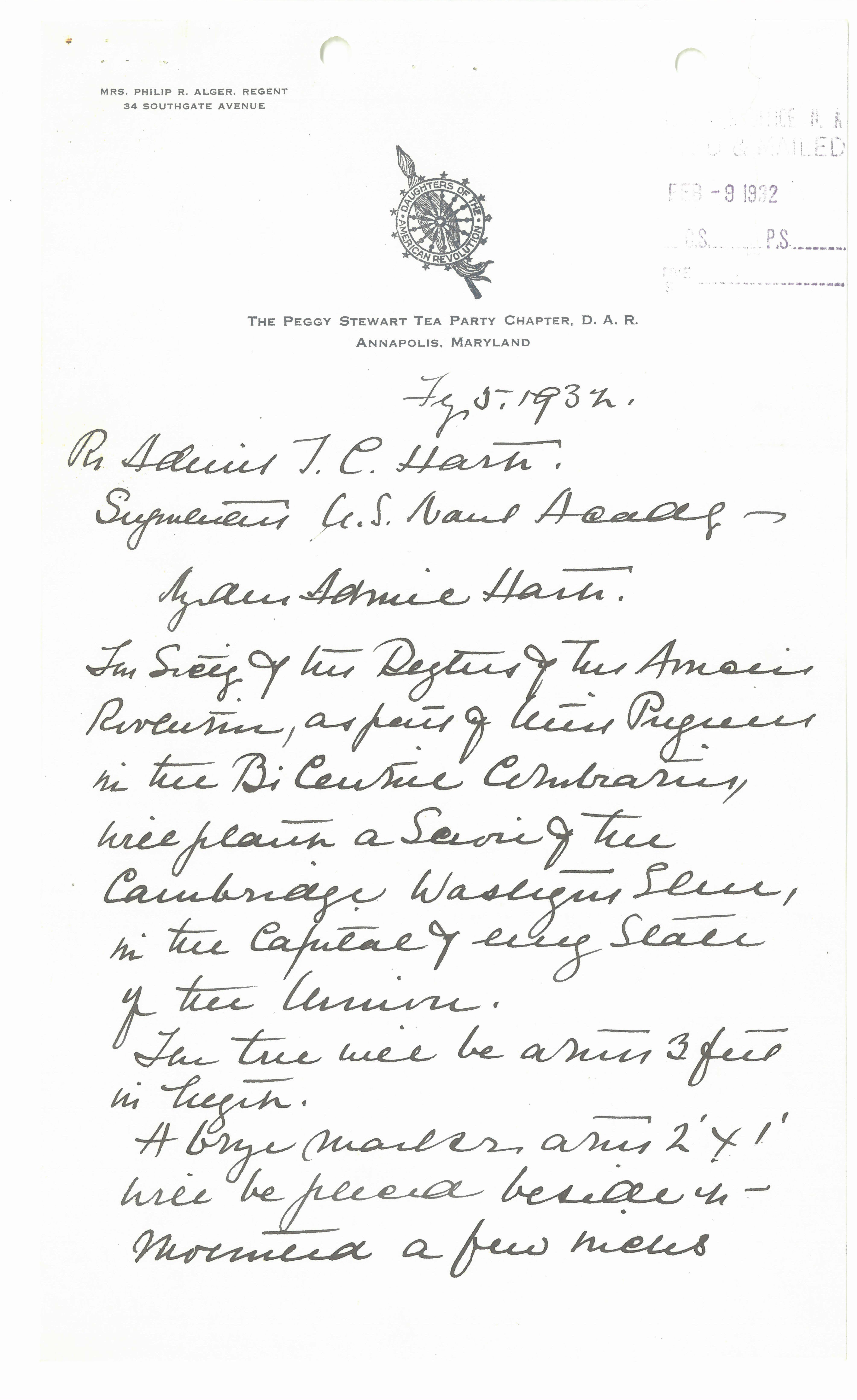 Letter from Louisa Taylor Alger requesting permission to plant a scion of the Cambridge Washington Elm at the Naval Academy and Superintendent Hart's reply.