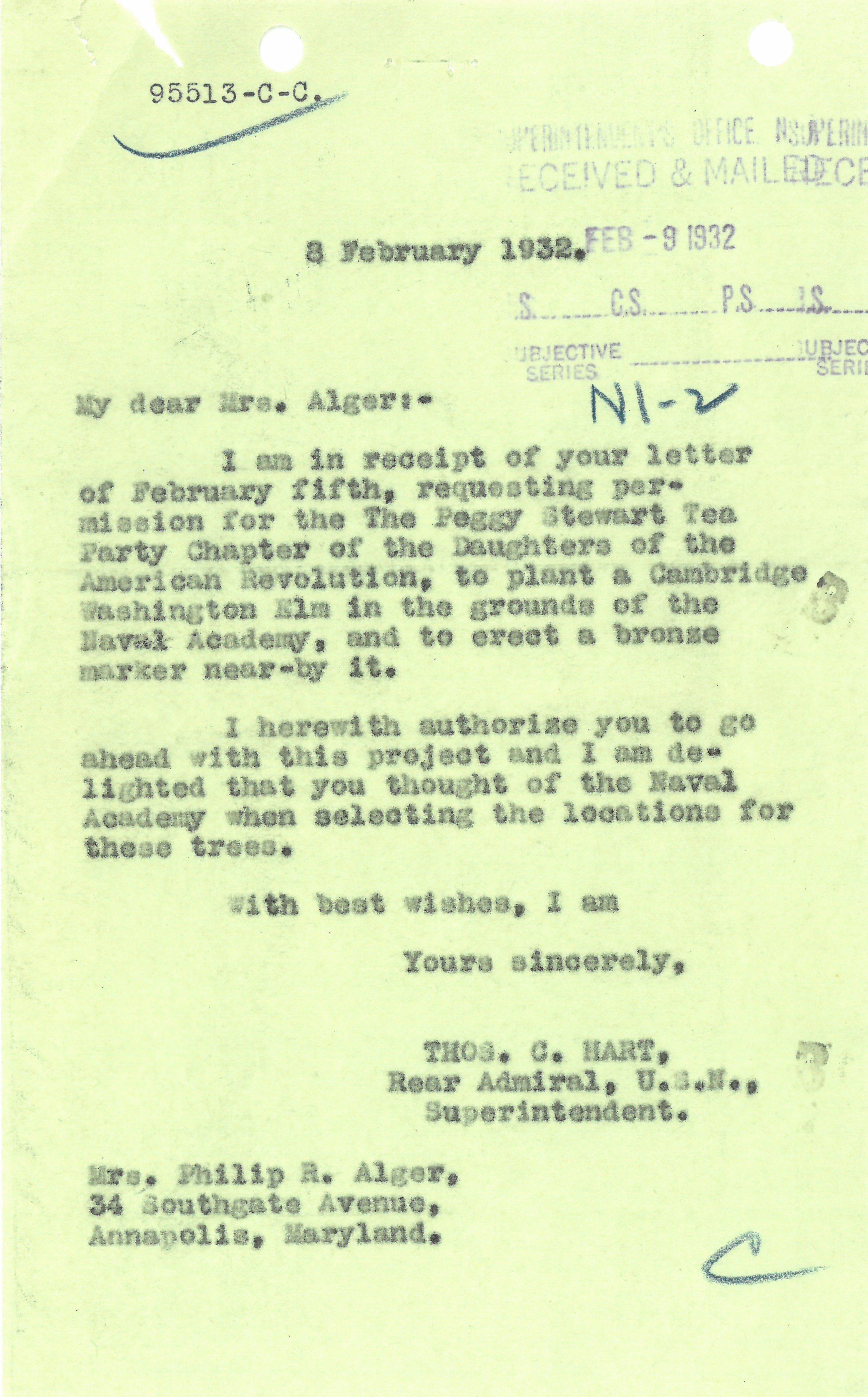 Letter from Louisa Taylor Alger requesting permission to plant a scion of the Cambridge Washington Elm at the Naval Academy and Superintendent Hart's reply.
