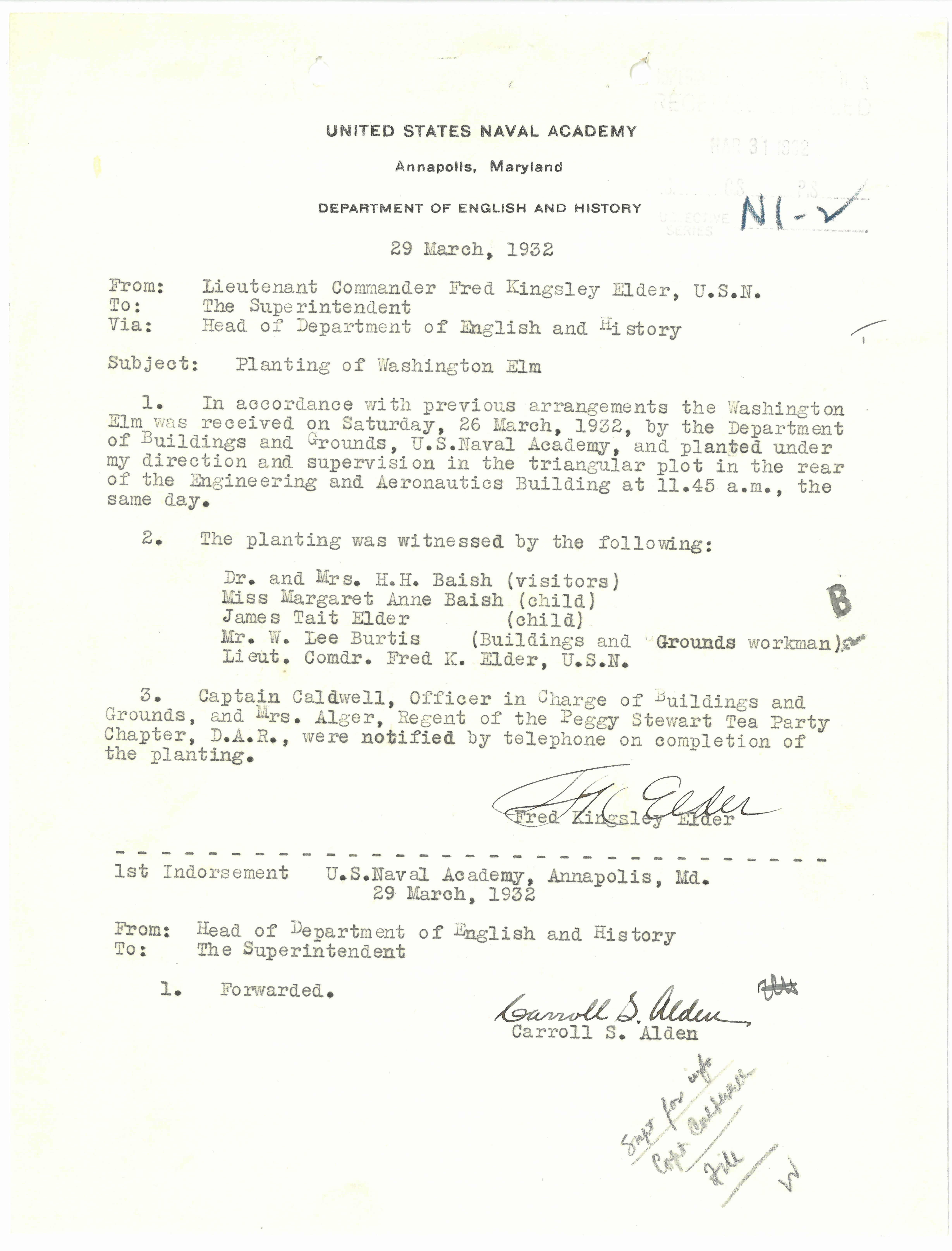 Memorandum to Superintendent Hart from Lieutenant Commander Fred Kingsley Elder, USN, reporting that the Washington Elm had been planted under his direction on March 29, 1932 at 11:45 a.m.