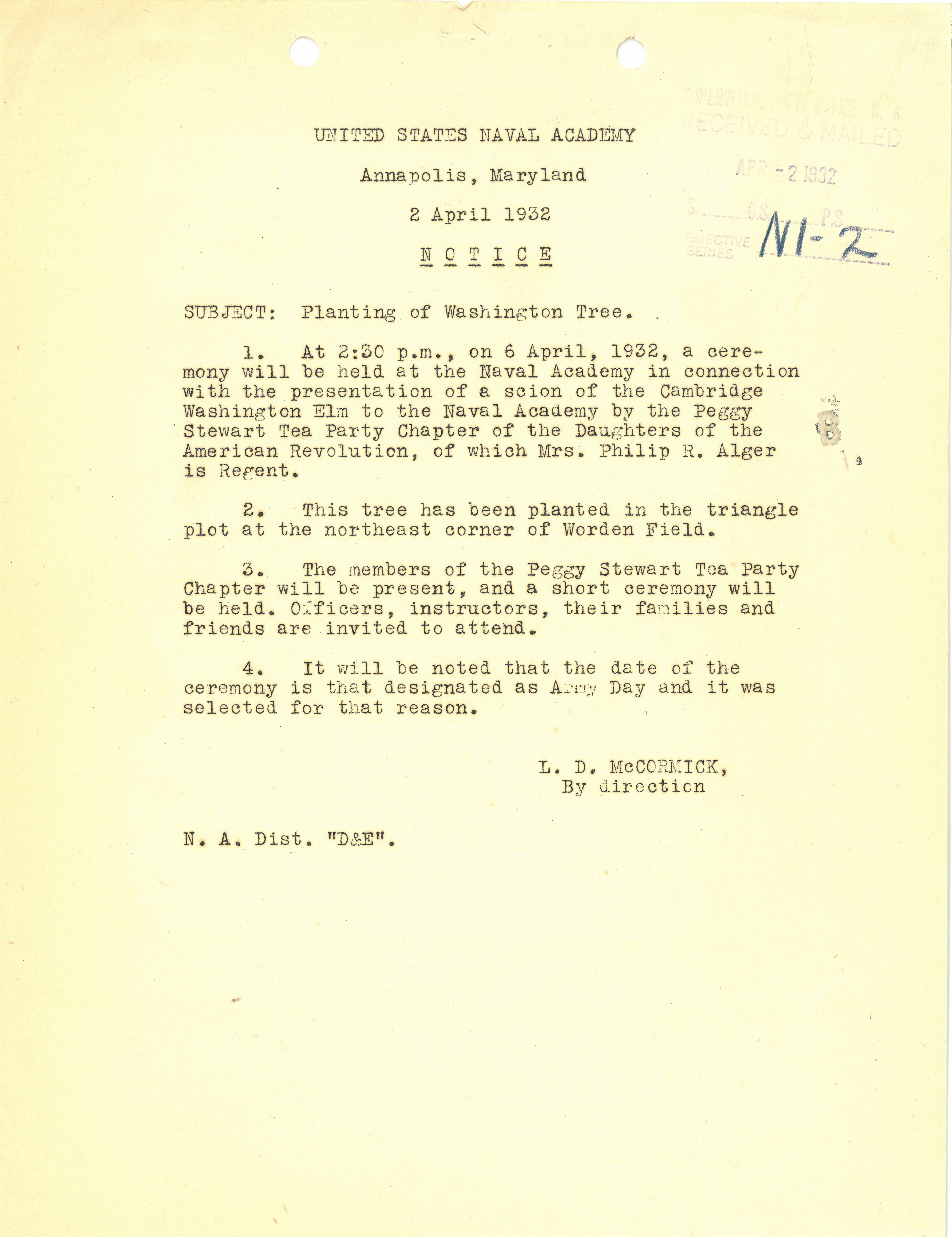 Notice of the ceremony "in connection with the presentation of a scion of the Cambridge Washington Elm" to be held at the Naval Academy on April 6, 1932 at 2:30 p.m.