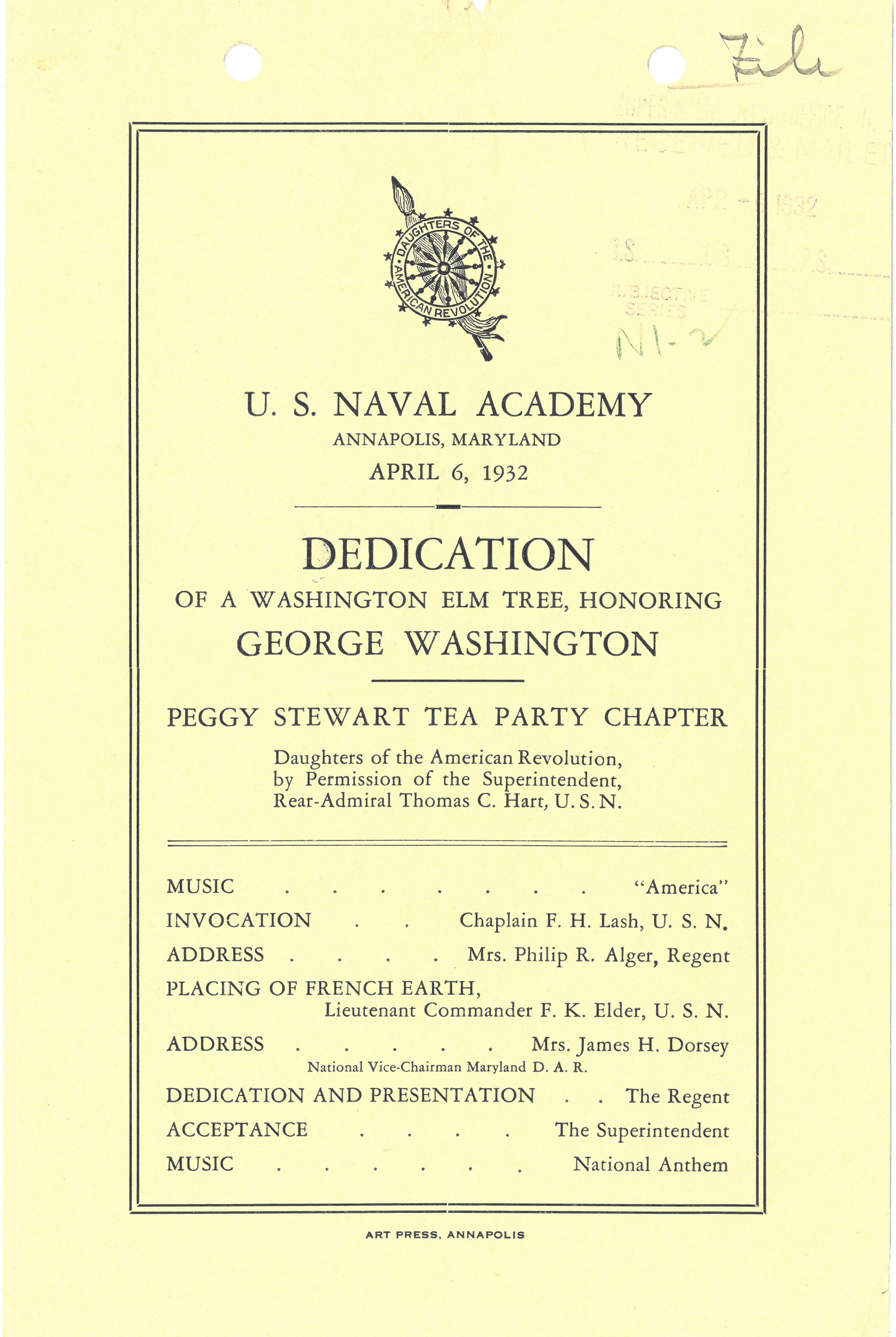 Official program for the dedication of the Washington Elm at the Naval Academy.