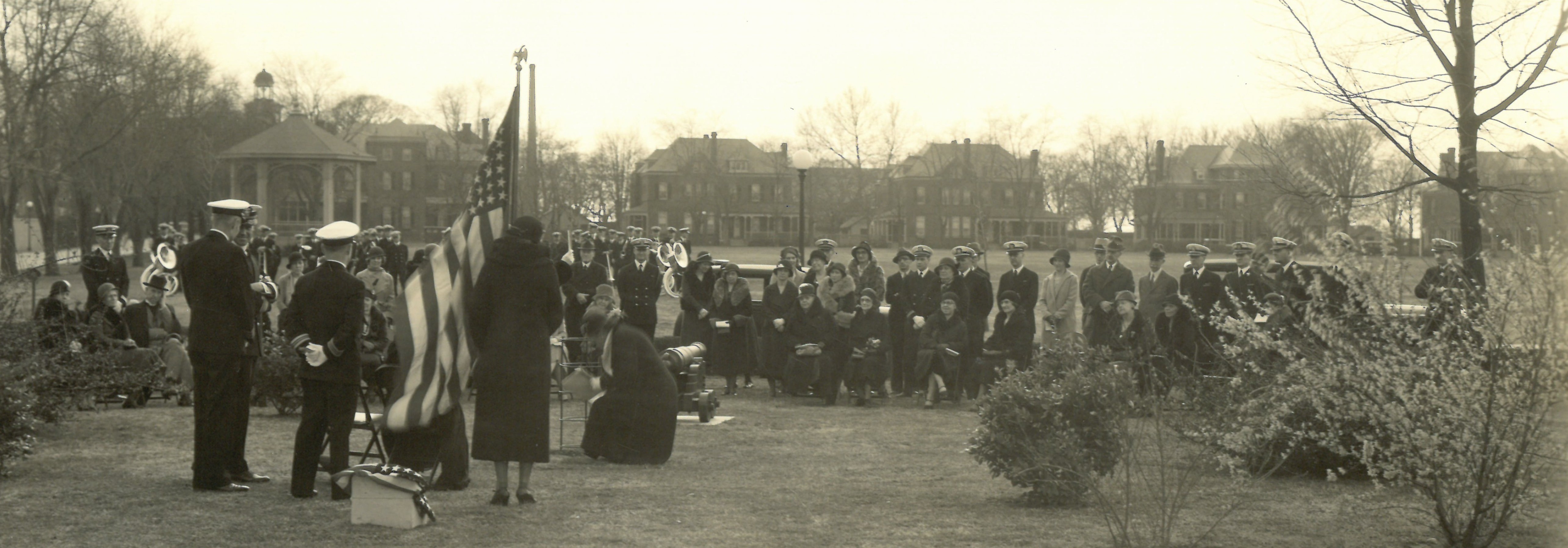 The Washington Elm dedication at the U.S. Naval Academy, April 6, 1932. To the left behind the onlookers is the bandstand on Worden Field and in the background the officers' quarters on Upshur Road.
