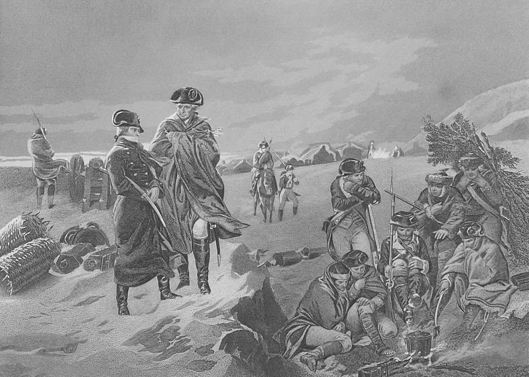 Washington on a hill in Valley Forge overlooking his men