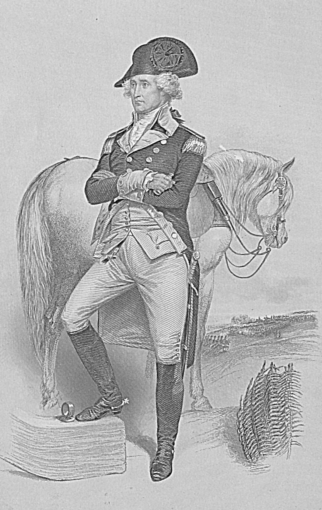 Washington in front of a horse.