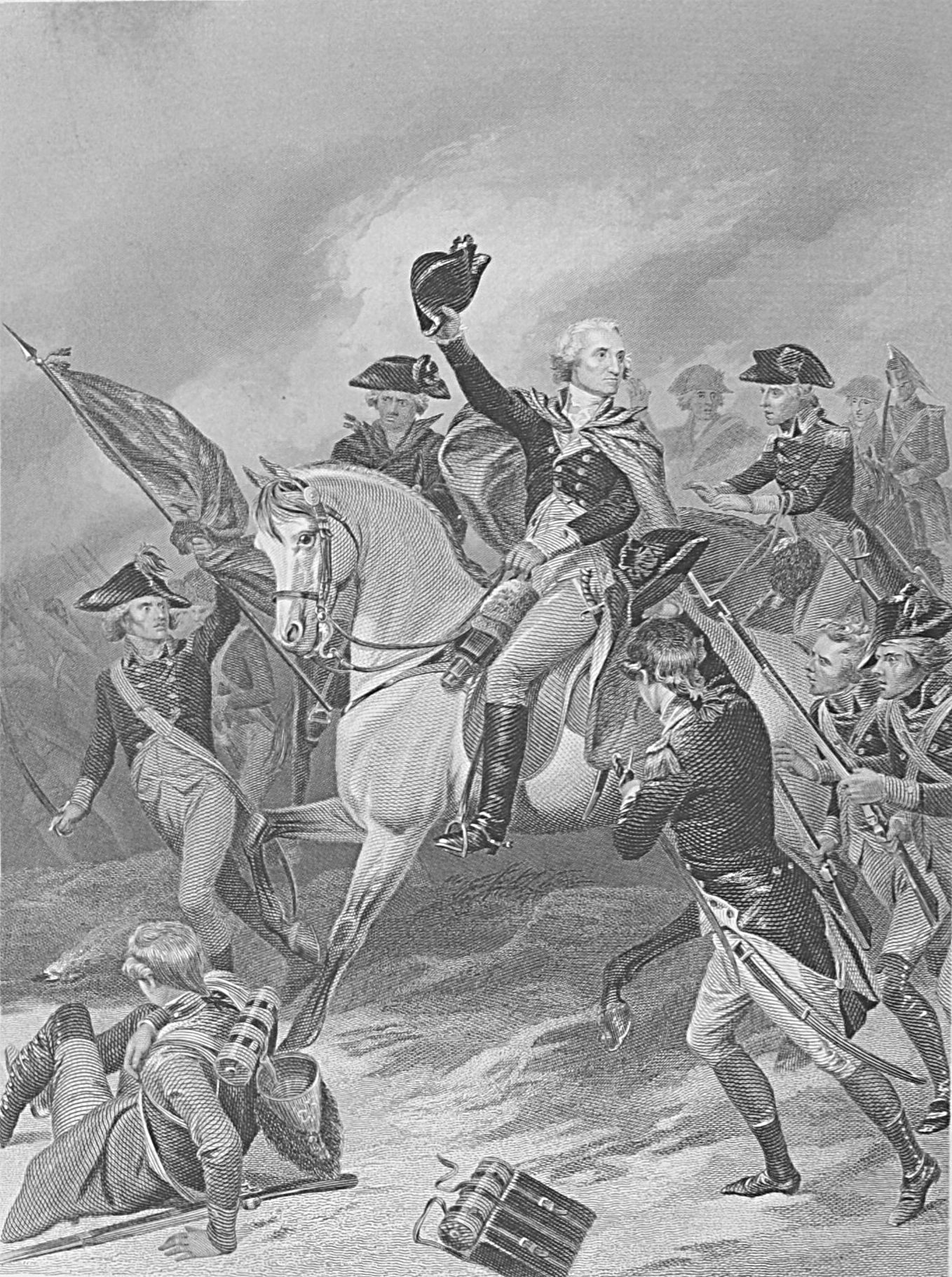 Washington riding his horse to battle