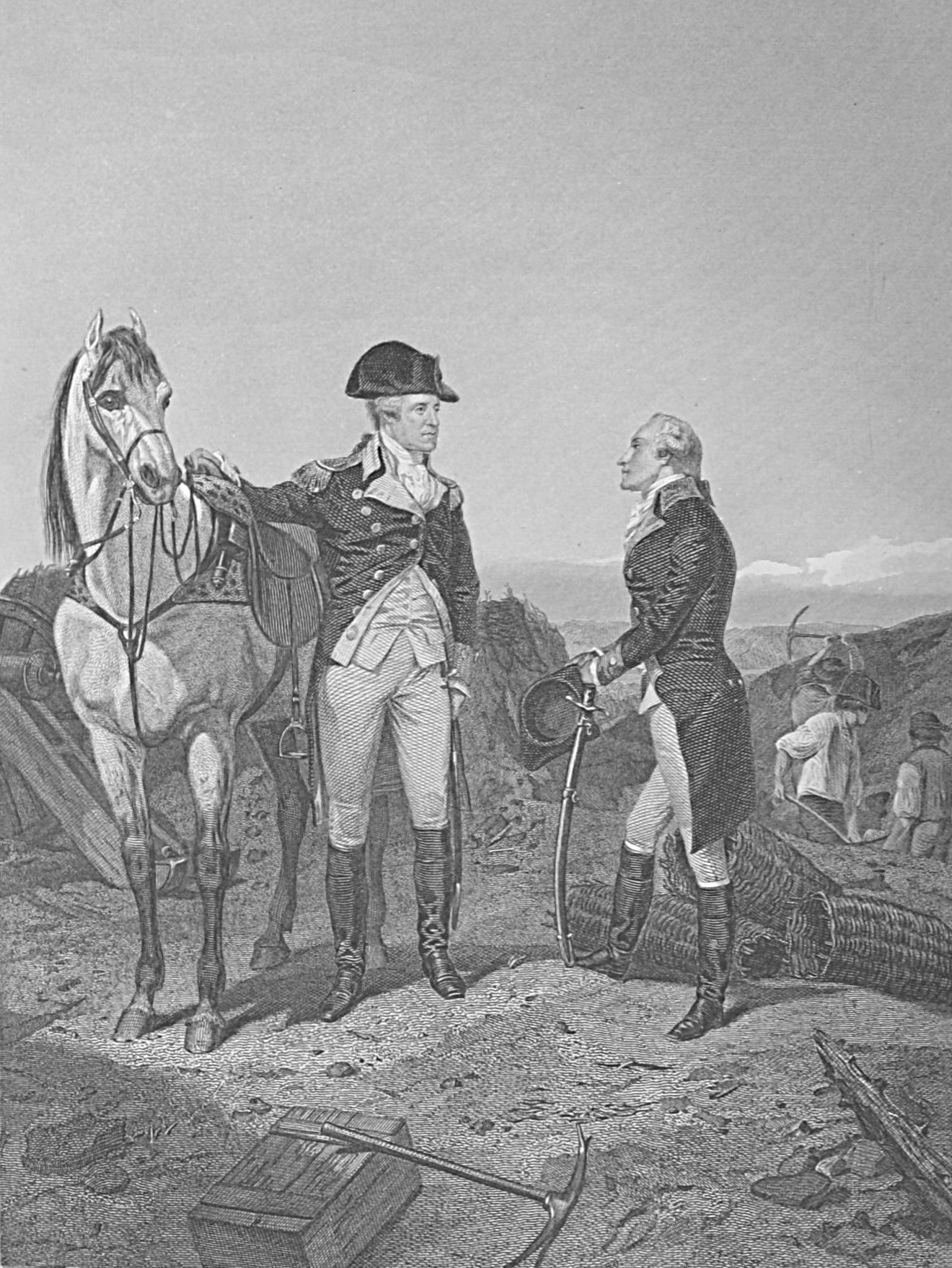 Washington petting his horse while talking to another man